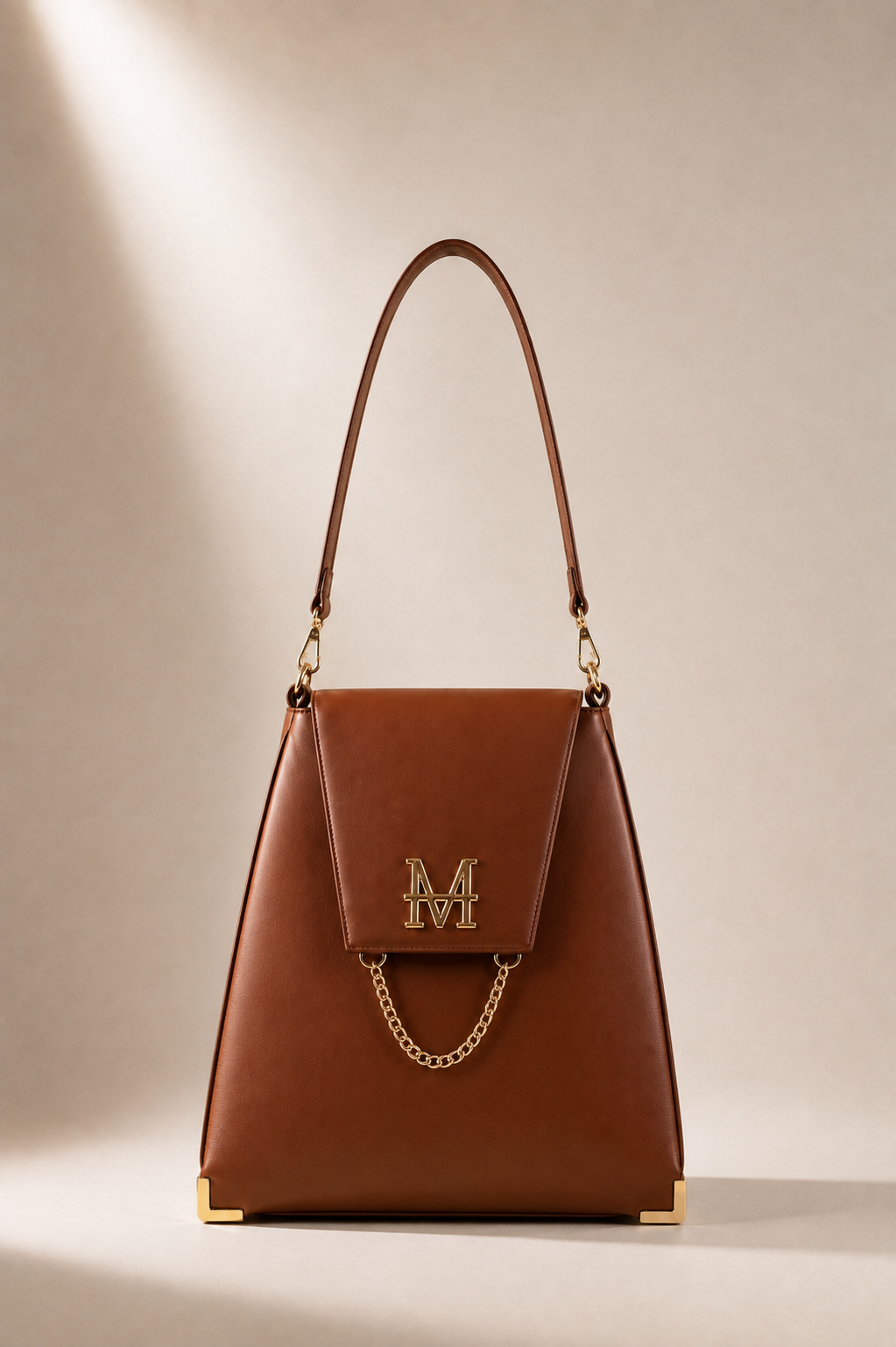CLYTIE borsa trasformabile MOR/PHE color cognac con patta frontale rimovibile, dettagli in oro, logo rotabile e manico intercambiabile