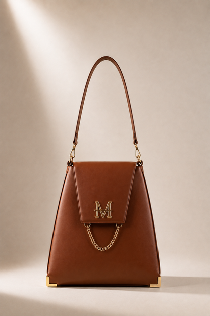 CLYTIE borsa trasformabile MOR/PHE color cognac con patta frontale rimovibile, dettagli in oro, logo rotabile e manico intercambiabile