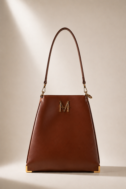 CLYTIE borsa trasformabile MOR/PHE color cognac con borsa tracolla interna estraibile, dettagli in oro e manico intercambiabile
