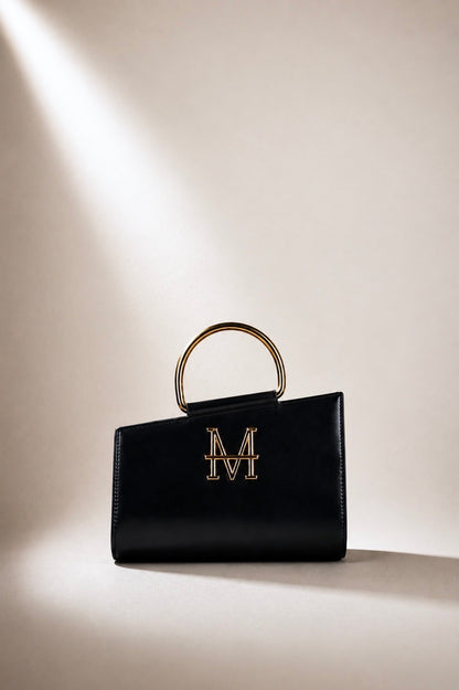 LEUCOTHEA pochette MOR/PHE color nero con dettagli in oro e logo rotabile