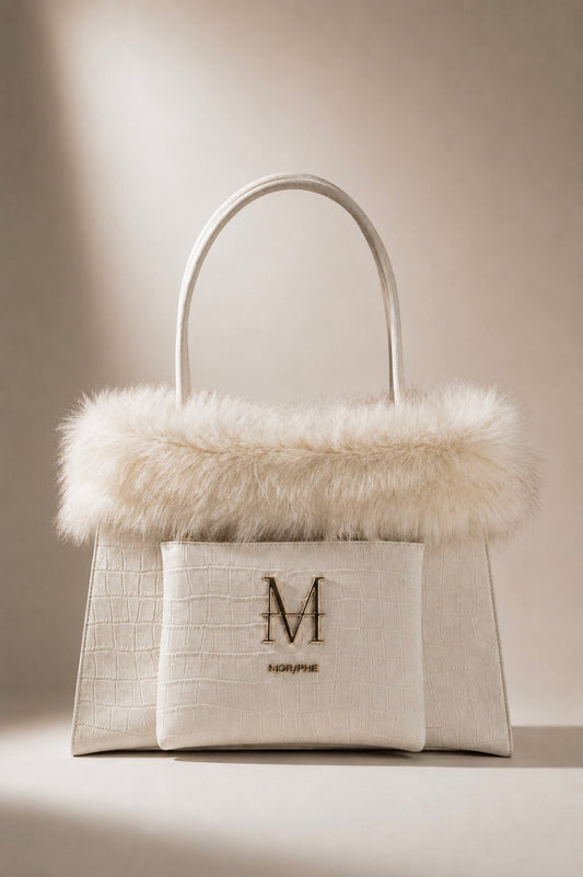 NEPHELE borsa trasformabile MOR/PHE in similpelle color panna con pochette frontale rimovibile, dettagli in oro e eco-fur