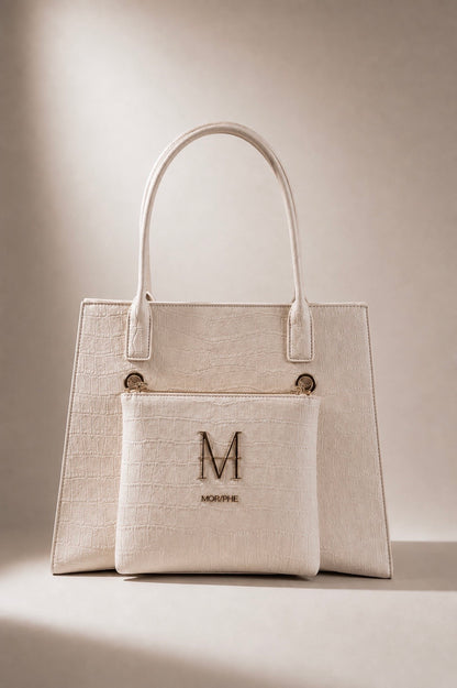 NEPHELE borsa trasformabile MOR/PHE in similpelle color panna con pochette frontale rimovibile e dettagli in oro
