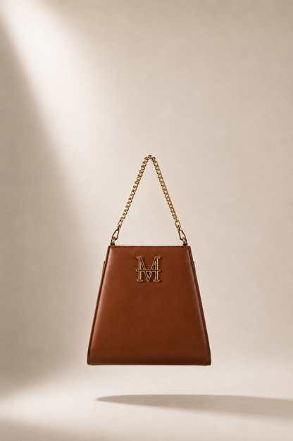 CLYTIE pochette borsa MOR/PHE color cognac con dettagli in oro e logo rotabile