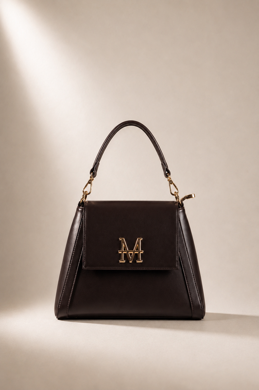 SYRINX borsa trasformabile MOR/PHE color testa di moro con patta frontale rimovibile, dettagli in oro, logo rotabile e manico intercambiabile
