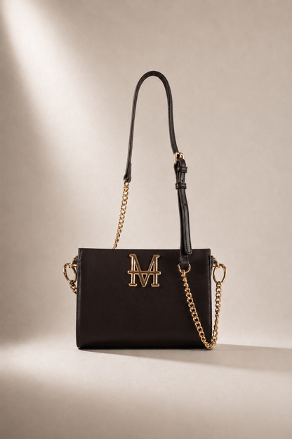 SYRINX pochette MOR/PHE color testa di moro con dettagli in oro, logo rotabile e tracolla